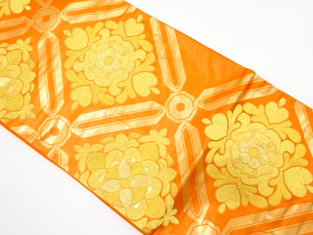 アンティーク　変わり格子に花模様織り出し袋帯（着用可）